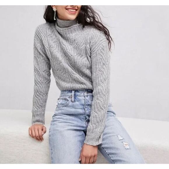 J. Crew Pointelle Cable Knit Sweater Medium Gray Mockneck Alpaca Blend Cottage - Picture 2 of 11